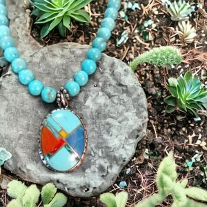 Turquoise and Sterling beaded necklace with pendant